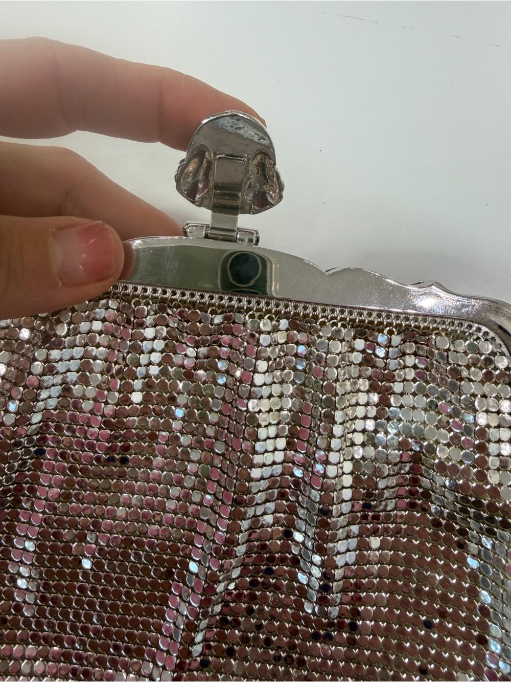 Vintage Whiting & Davis Silver Mesh Evening Bag Art Deco Rhinestone Clasp USA - Picture 8 of 12